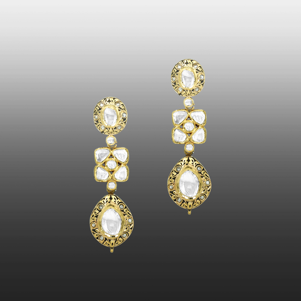 Polki Earrings with Teardrop Design in Partash work